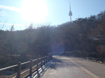 公園内の大きな周遊道路<br>
Nソウルタワー(N Seoul Tower) （Ｎ서울타워）が見えます